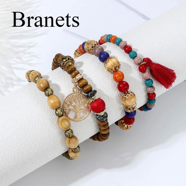 Bohemian Wooden Bead Bracelets for Women, Multi-Layer Stretch Tassel Bracelet Set, Life Tree Charm Love Declaration Bracelets 1pc(1pc)