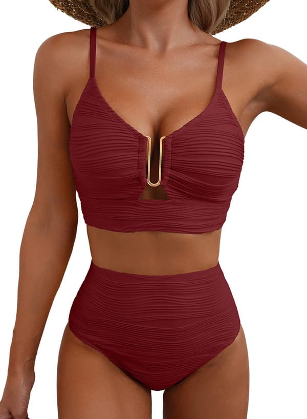 Bikini för kvinnor med V-ringning och utskärningar, högmidjad texturerad plisserad baddräkt S Claret