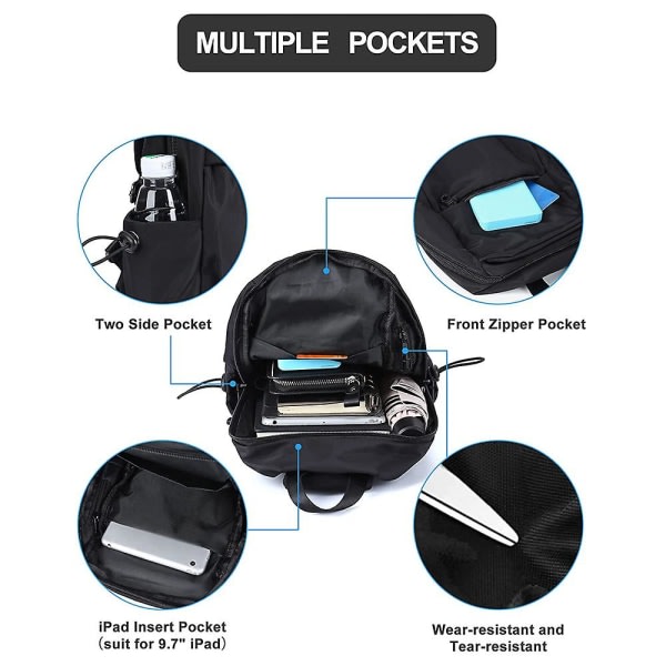 Liten svart Sling Crossbody-ryggsäck, nylon för vandring, cykling och resor med USB laddningsport