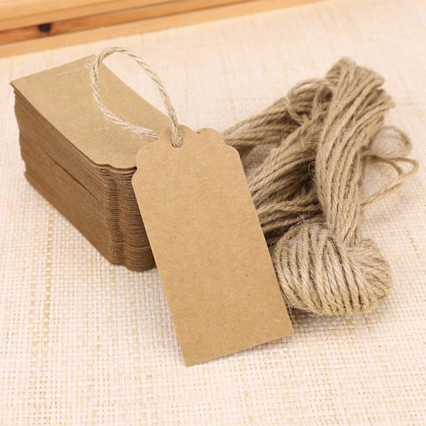 Kraftpapir-etiketter, 200 stk. brune etiketter + 200 stk. gavemerker med snor DXGHC