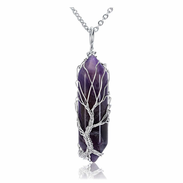 Livets Træ Klar Kvarts Krystal Vedhæng Halskæde Sølv Wire Wrapped Ædelsten Healing Point Chakra Kvarts Halskæde til Kvinder Mænd