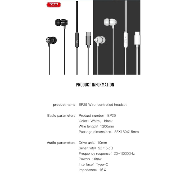 USB-C TYP-C Kontakt In-Ear Høretelefoner med Mikrofon EP25