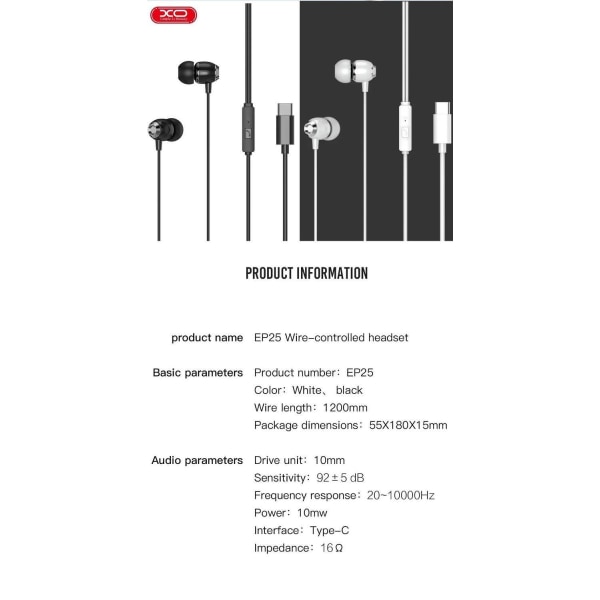 USB-C TYP-C Kontakt In-Ear Hörlurar med Mikrofon EP25