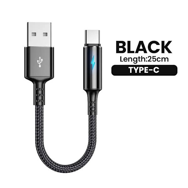 0,25m Kort USB Opladerkabel Datakabel Type-c Micro IOS Til iPhone 13 12 iPad 3A Hurtig Opladning Telefonkabel Power Bank Datakabel Type-c Sort Type-c black 0.25m
