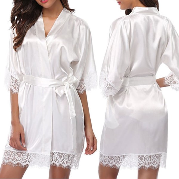 Damunderkläder Robe, Satin Sovkläder Spets Kimono Sexiga sidenrockar White White L
