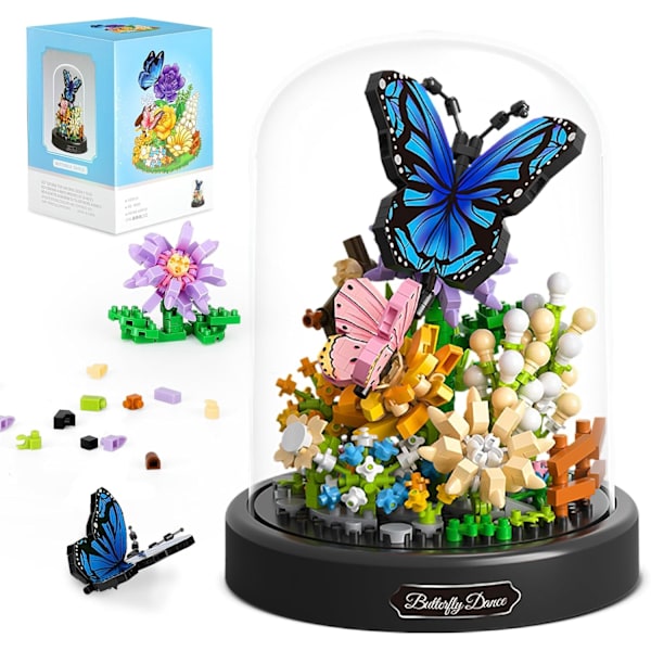 Blombukett Byggsats för Vuxna, 530 PCS Djur Blommor Botanisk Samling Mini Byggklossar Set, Alla Hjärtans Dag för Hennes Mamma(Fjäril)