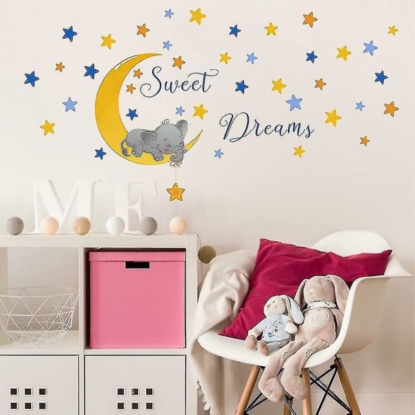 Keltaiset Sweet Dream -seinätarrat Elephant Star Moon -seinätarrat, Lapset Baby Vauvakotihuone Lastenhuone Itseliimautuvat koristeelliset itseliimautuvat seinämaalaukset