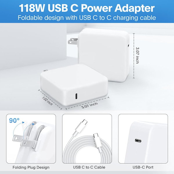 Lader - 118W USB-C Lader Rask Lading Kompatibel med USB-C Port MacBook Pro/Air, iPad Pro, Samsung Galaxy og Alle USB-C Enheter