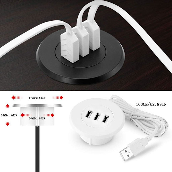 3-porttinen USB-pöytälaturi Pöytälaturiasema asennetaan 2,0 tuuman / 50 mm:n läpireikään sovittimella ja 1,5 m:n virtajohdolla musta black