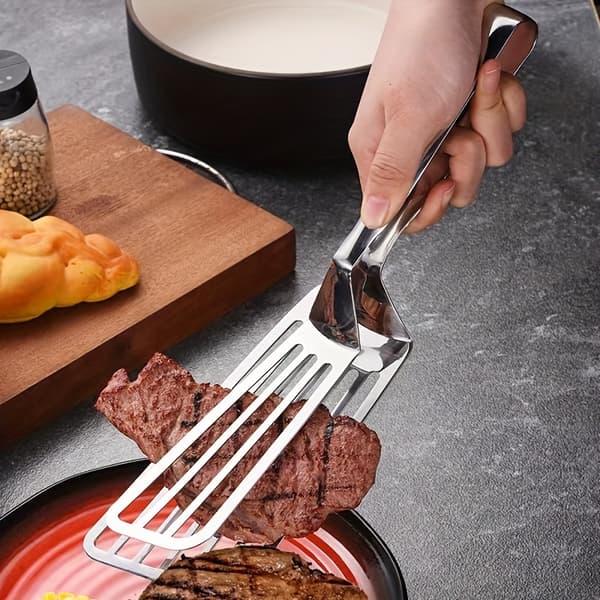 Rustfrit stål dobbelt-sidet spatel og tang, skridsikkert greb til at vende, dreje, grille, stege og bage