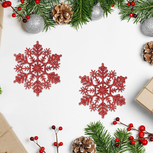 Plastjulsdekorationer med glittrande snöflingor för julgranen Red