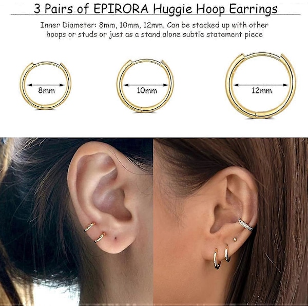 3 Par Små Brusk Hoop Øreringe til Kvinder Mænd, Hypoallergeniske Sterling Sølv Stift Huggie Øreringe, 8/10/12mm Guld-8/10/12mm -