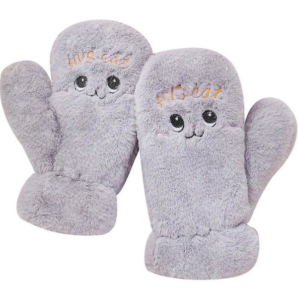 Fleece Lined Padded Warm Keep Autumn Winter Season Cartoon Student Soft And Adorable Riding Full Finger Gloves Cold Resistant Gray