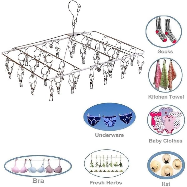 Tørkestativ med 34 klips, sammenleggbar tørkestativ i rustfritt stål, babyhengere, kleshengere for tørking av sokker, tørking av håndklær, bleier, bh-er,