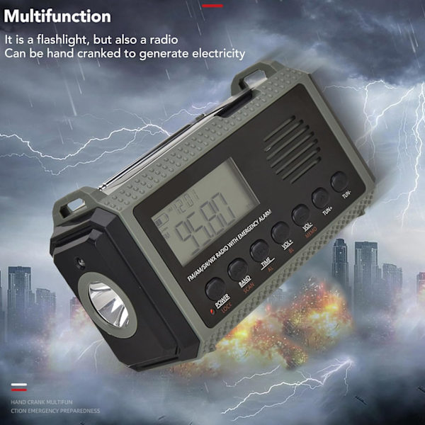 Nødradio FM AM SW WX 10000mAh Solcelleopladning, Nød Håndsving Radio