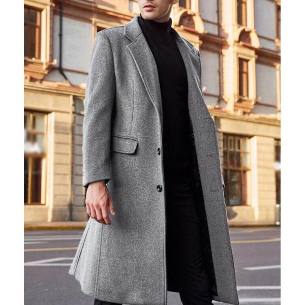 Høytidelig Herre Casual Smal Passform Ullfrakk Lang Jakke Hakkesøm Trenchcoat Grey L