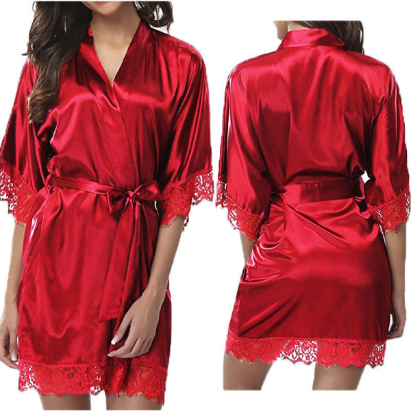 Damunderkläder Robe, Satin Sovkläder Spets Kimono Sexiga sidenrockar Red Red M