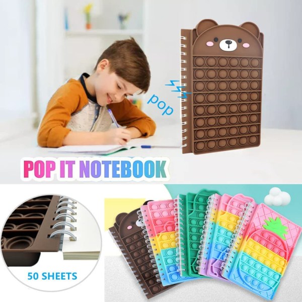 Pop notesbog, Push Bubble A5 Spiral Notebooks Legetøj, Søde Composition Notebooks, College Ruled Notebooks, Protable til skolekontorgaver (brun bjørn)