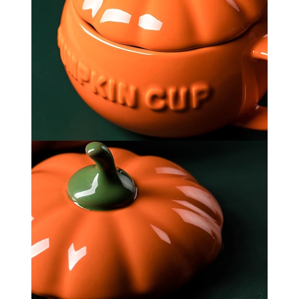 Teknisk søt gresskar-krus, keramisk kaffekrus, 8,5oz tekopp med lokk (krus + skje + silikonhånd (skrell og stikk)) oransje 250ml kopp og skje og hånd pumpkin
