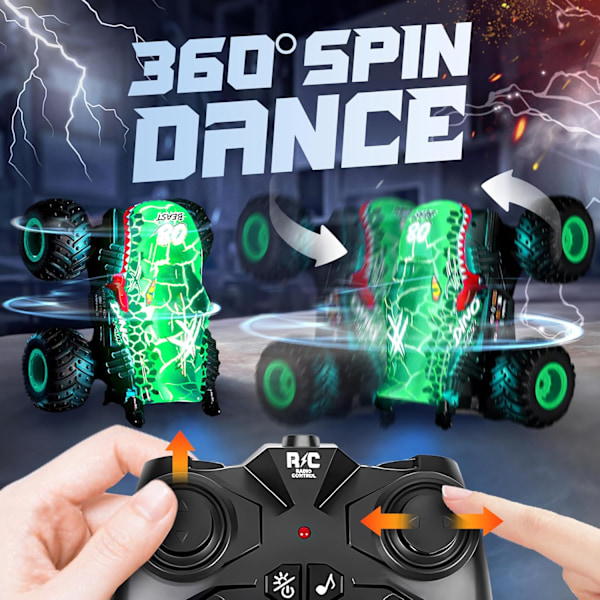 Monster Truck Leksaker, 2.4GHz RC Monster Trucks för Pojkar, 1:20 Dinosaurie RC Bilar med Ljus och Musik, Fjärrstyrd Stuntbil, 360° Snurr, för Barn Green