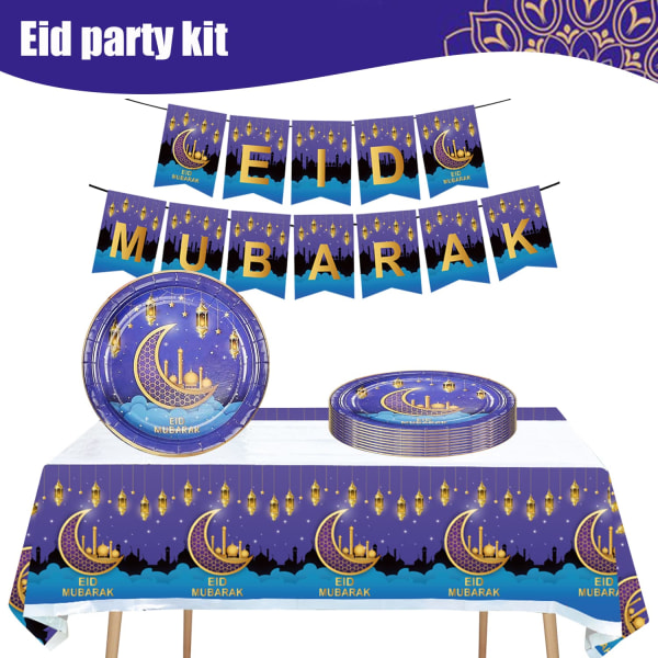 Eid Mubarak-festkit, banderoll, engångstallrikar och bordsdukskit