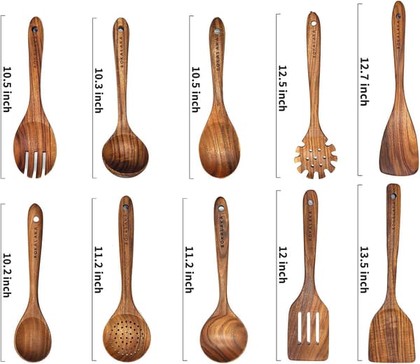 Set of 10 Natural Teak Kitchen Utensils: Spatula and Spoon.