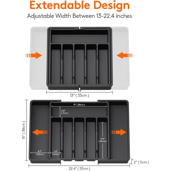 Cutlery Rack, Expandable Drawer Cutlery Tray, Adjustable Drawer Organizer for Kitchen, Compact Plastic Storage for Holding Spoons, Forks, Black