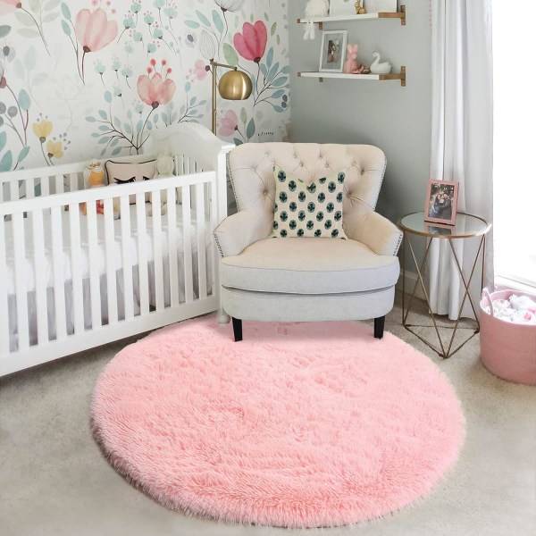 vaaleanpunainen pyöreä matto tyttöjen makuuhuoneeseen, pörröinen matto 4ft X 4ft lapsille r