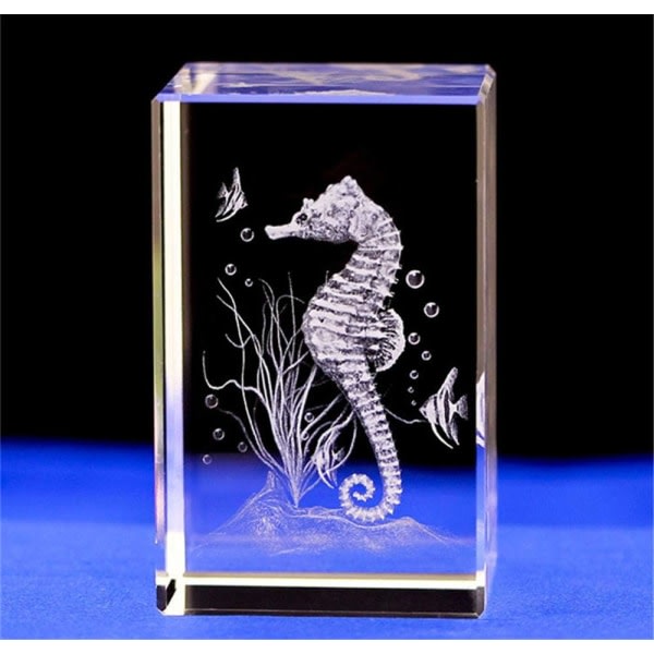 Kristallilasinen merihevonen patsasmalli, 3D-laseretsattu kristallimerihevonenfiguurit, eläinkristallilasikuutio, kaiverrus merihevoskoristeet (5*5*8cm)