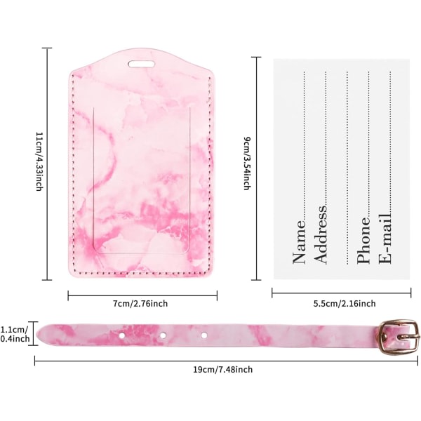 Bagagemærker 2-pak, Sikre Rejsemærker, PU Marmor Bagagemærker, Personligt Visitkort Holder til Rejsebeskyttelse (Pink)