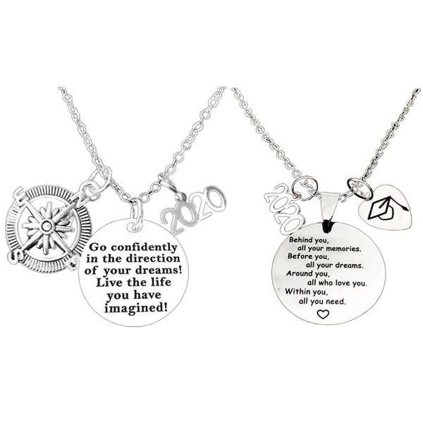 2 stk Compass Necklace Funny Key Ring 2020 Graduate Necklace Behind You All Key Ring gravert nøkkelring (60x2.5x0.5cm, Sliver)