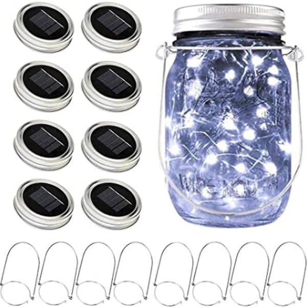 Solar Mason Jar Lights, 8-pak med 20 Led Jar Lock String Lights med bøjle (ingen krukke), Patio Garden (hvid)