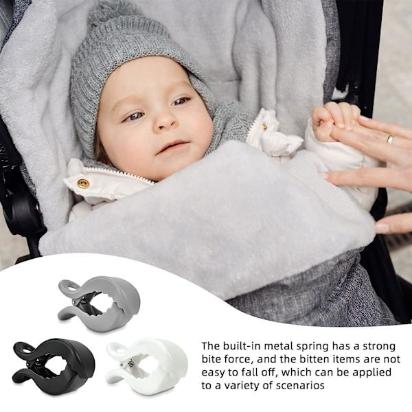Barnevognklips, klips for å feste leker, for å feste gasbind, tepper, ammetørklær eller baby leker (klips svart, hvit, grå)