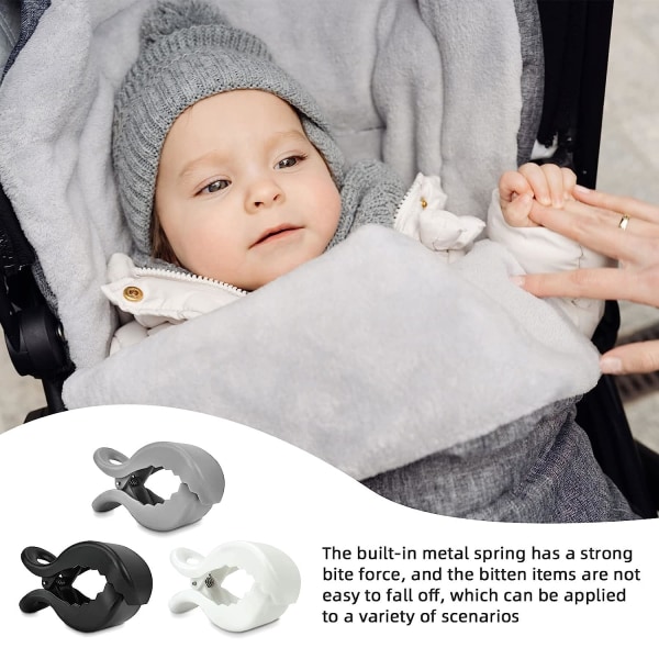 Barnevognsklemme, klemme til fastgørelse af legetøj, til fastgørelse af gaze tæpper, tæpper, ammetørklæder eller baby legetøj (klemme sort, hvid, grå)