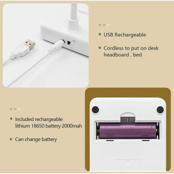 USB uppladdningsbar 2000mAh batteridriven trådlös LED-bordslampa Touch Control 3 färger 6 justerbar ljusstyrka Bärbar skrivbordslampa
