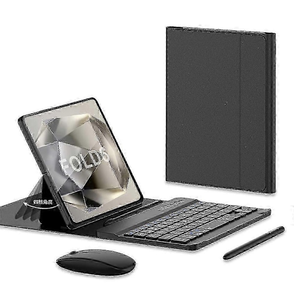 Tangentbord och mus för Samsung Galaxy Z Fold 6, Uppgraderat portabelt magnetiskt Bluetooth-tangentbord med läderfodral och kapacitiv penna - Perfekt Black