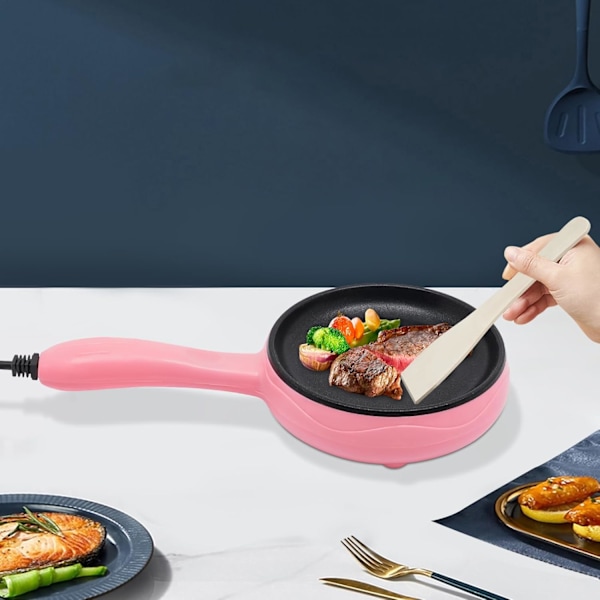 Mini Elektrisk Stekepanne 6 Tommer Rund Stekepanne Elektrisk Cuisine Stekepanne med Tre Spatel 450W Rustfritt Stål Stekepanne (Rosa) Pink