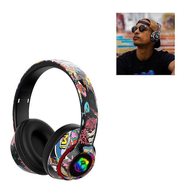 Fashion Graffiti Headset Trådløs øretelefon til telefon PC Laptop Support Kablet TF FM Bluetooth 5.1 hovedtelefoner （sort）