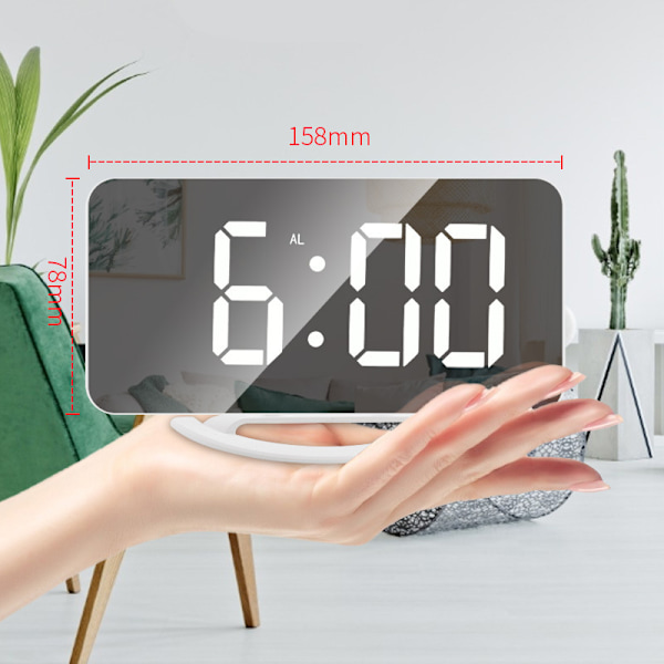 Digitalt vækkeur, stort spejlende LED-display, med USB-opladning B