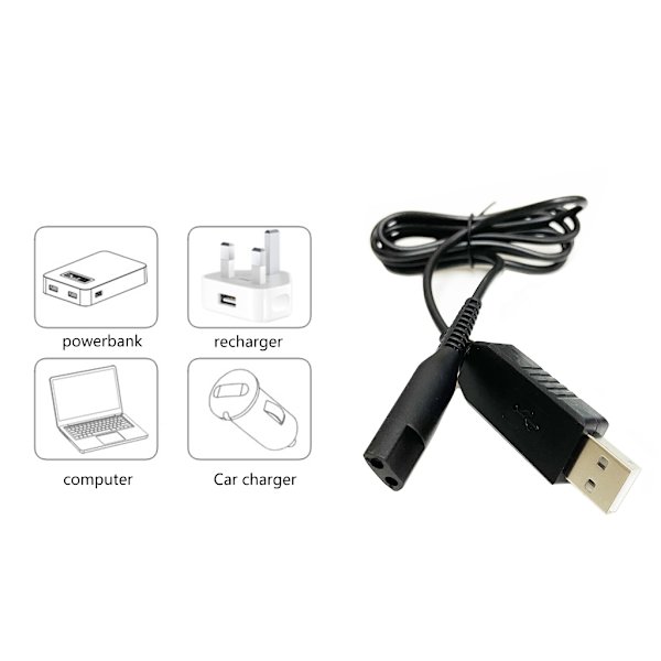 USB-latauskaapeli Braun 1-9 -sarjan partakoneille, sarjat S3, S5, S7 ja S9. Käyttökelpoinen ja luotettava laturi, 1 m kaapeli