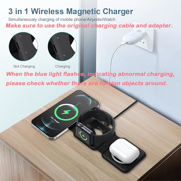 Laddstation för Flera Apple-enheter - 3 i 1 Vikbar Magnetisk Trådlös Laddningsdocka - Reseladdningsplatta (Mörk)