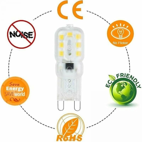 10 x G9 3W LED-lampor, motsvarande 33W halogenlampor, 3000K varmvitt ljus, ej dimbara, 360° spridningsvinkel