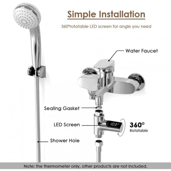 LED brusetermometer, 5-85°C digitalt termometer, med 360° roterende termometer, LED vandmåler, brusevandstermometer til ældre børn