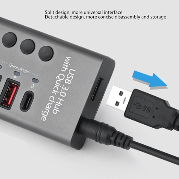 USB-hub 3.0, 7-ports USB-hub med individuella strömbrytare, USB-splitter förlängare