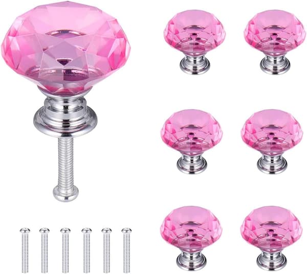 6 st Crystal Door Knobs, Drawer Knobs, Diamond Knobs with Screws for Home, Kitchen, Office, Drawer Decoration, Pink, 30mm