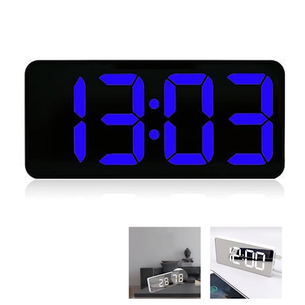 Digital väckarklocka med stor LED-temperaturdisplay, bordsklocka spegelväckarklocka med dubbla alarm snooze-tid 4 nivåer justerbar ljusstyrka dimmer 13