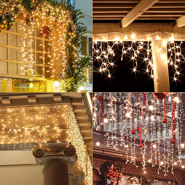 5 m LED-gardin + 3 m strömkabel, med 200,400 stänksäkra LED-lampor, 8 driftslägen med minnesfunktion, varmvit, 5 m