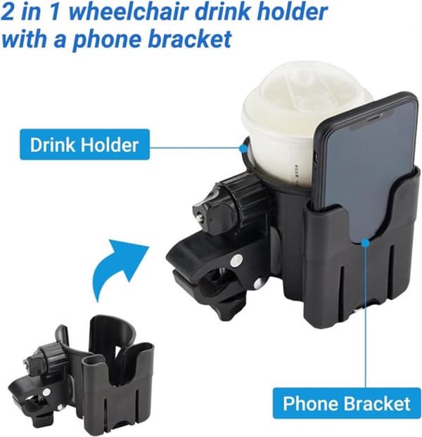 Justerbar 2-i-1 kopp- og telefonholder for rullestol og rullator