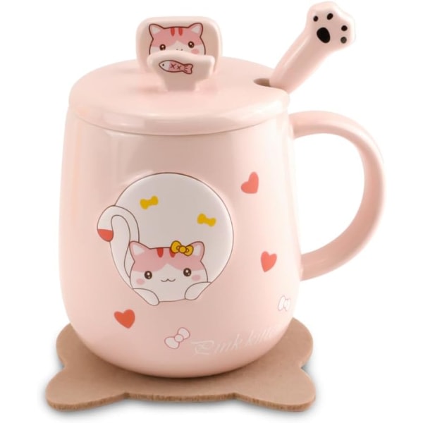 Kattmugg Söt keramisk kaffekopp, med lock, sked och glasunderlägg, Kawaii 3D djurkattmuggar för kattälskare presenter för kvinnor, 480 ml (rosa)