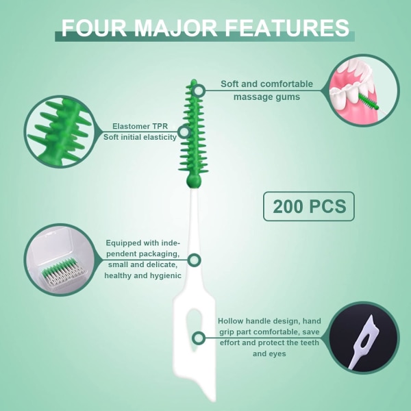 200 kappaletta hammasväliharjaa Pehmeä silikoninen hammasharja Kaksipuolinen hammaspuhdistustyökalu Hammaslankapuikko (vihreä)